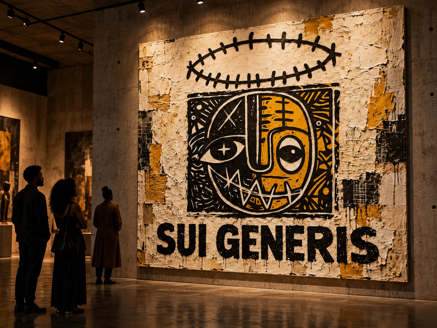 Sui Generis logo reimagined as a large mixed-media artwork in a brutalist gallery