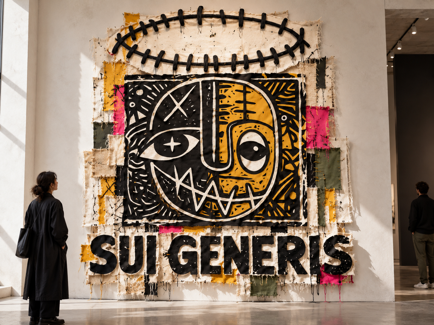 Sui Generis logo reimagined as a stitched textile artwork in a contemporary gallery